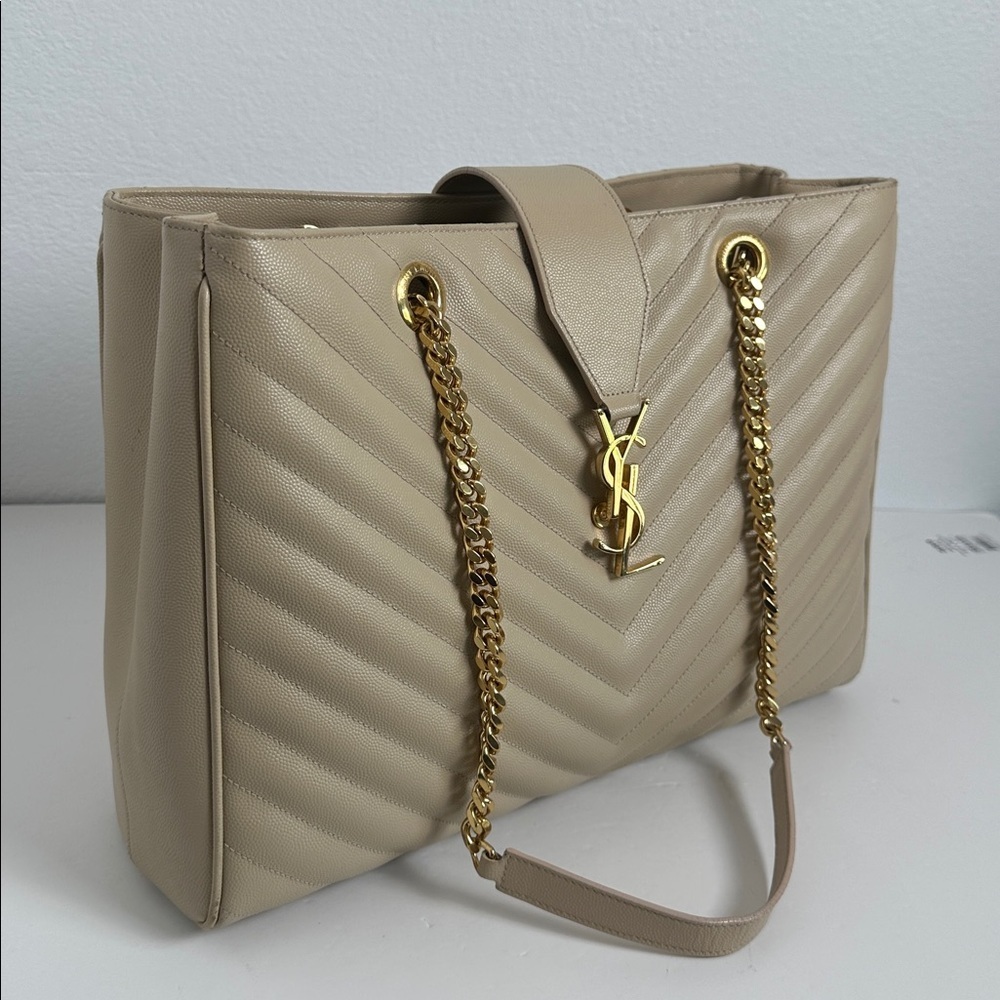 Saint Laurent YSL Monogram Chevron Shopping Tote – Beige with Gold Hardware - Picture 16 of 17